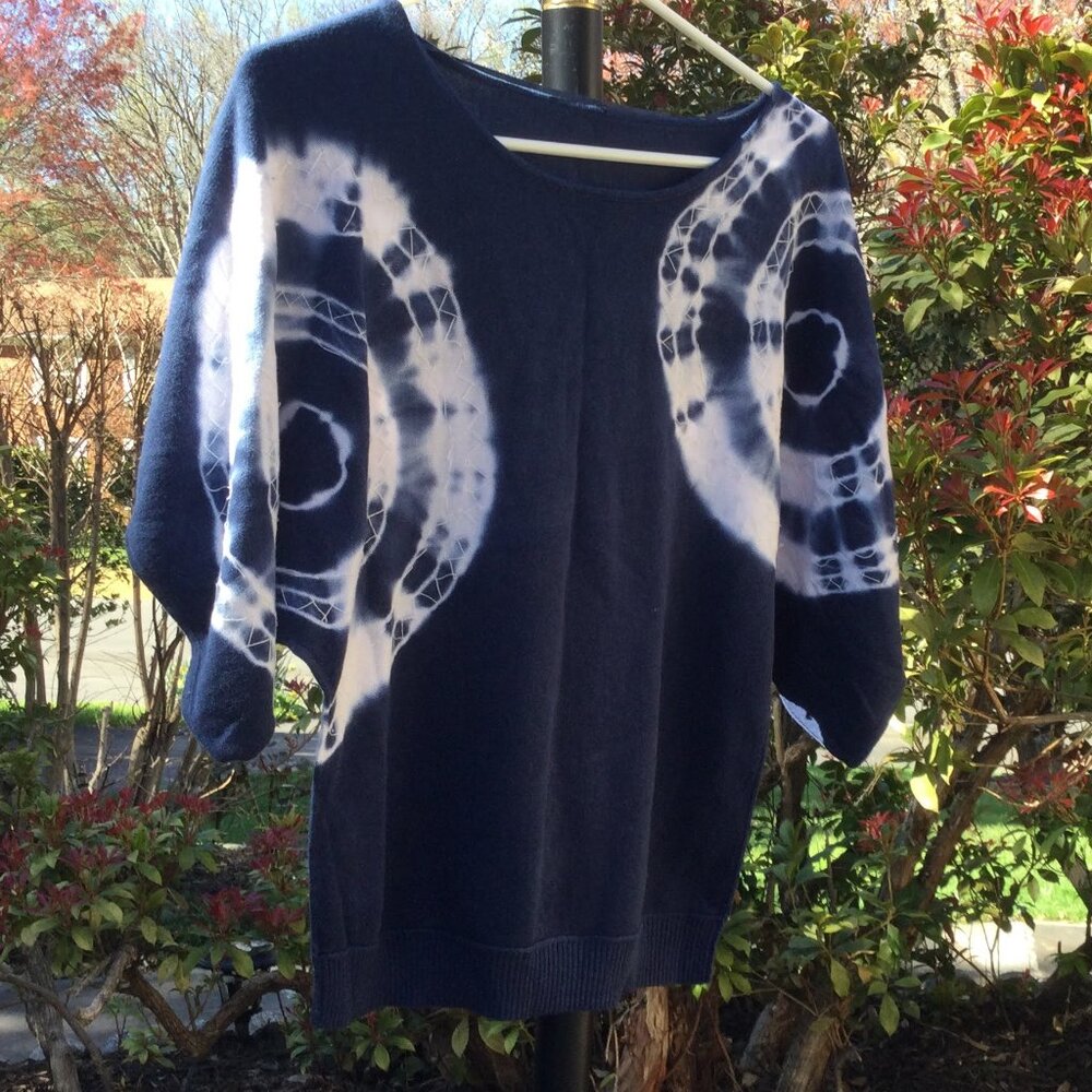 Sequin on White Circles Raglan Sleeve Blue Sweater